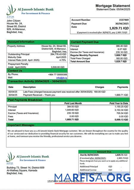 Realistic Iraq Al Janoob Islamic Bank mortgage statement Word and PDF template